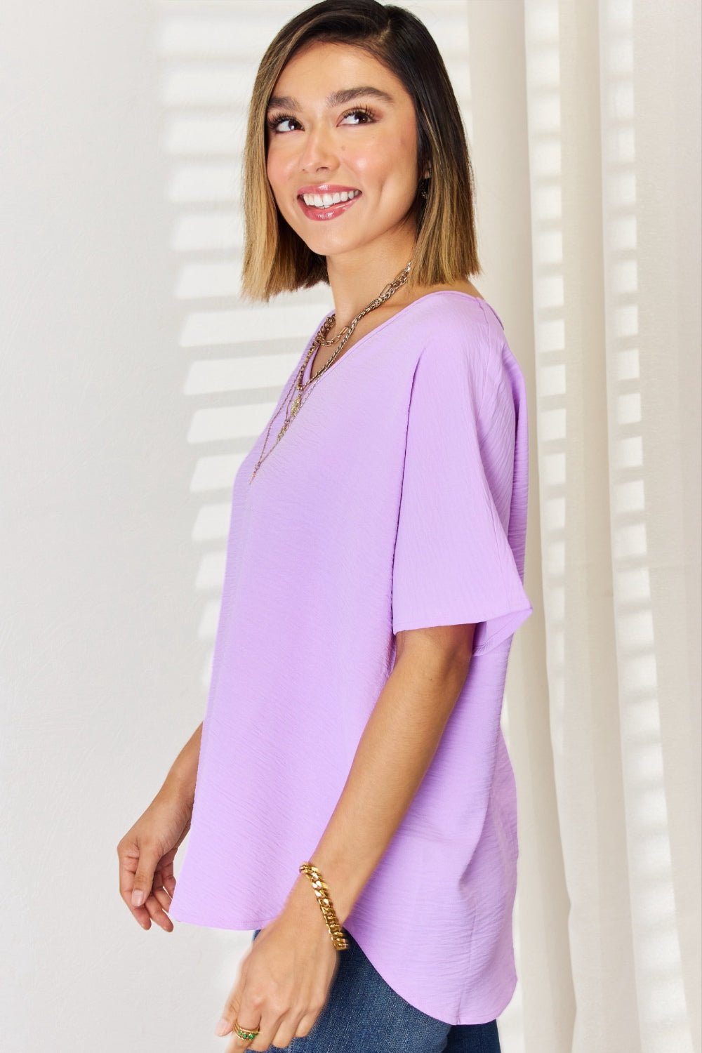 Zenana Texture Short Sleeve T - Shirt - blouse - Bright Lavender - Bella Bourget