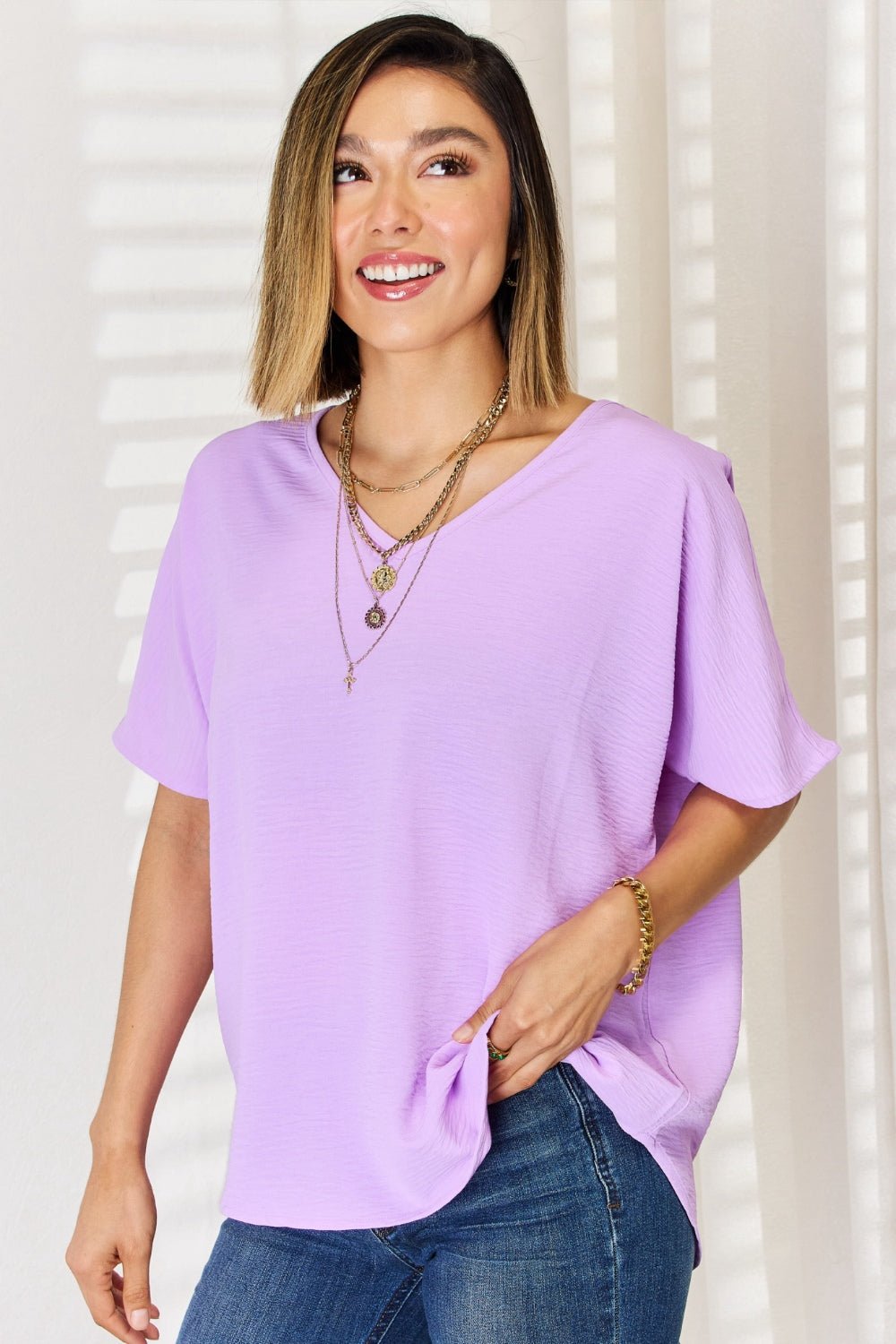 Zenana Texture Short Sleeve T - Shirt - blouse - Bright Lavender - Bella Bourget