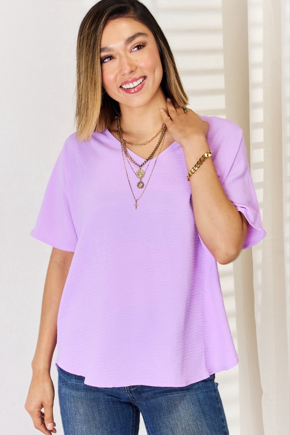 Zenana Texture Short Sleeve T - Shirt - blouse - Bright Lavender - Bella Bourget