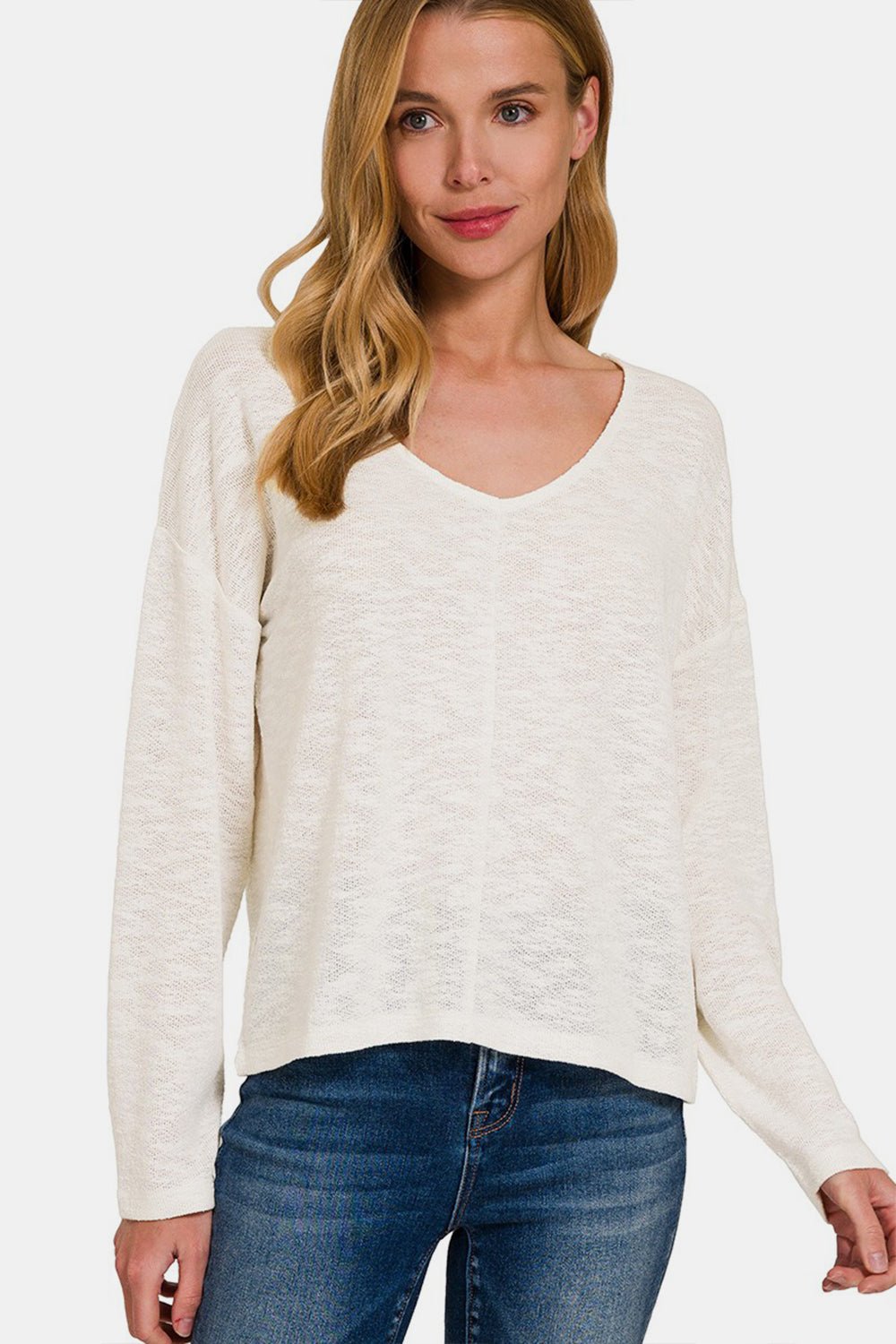 Zenana V - Neck Dropped Shoulder Long Sleeve T - Shirt - Top - Ivory - Bella Bourget