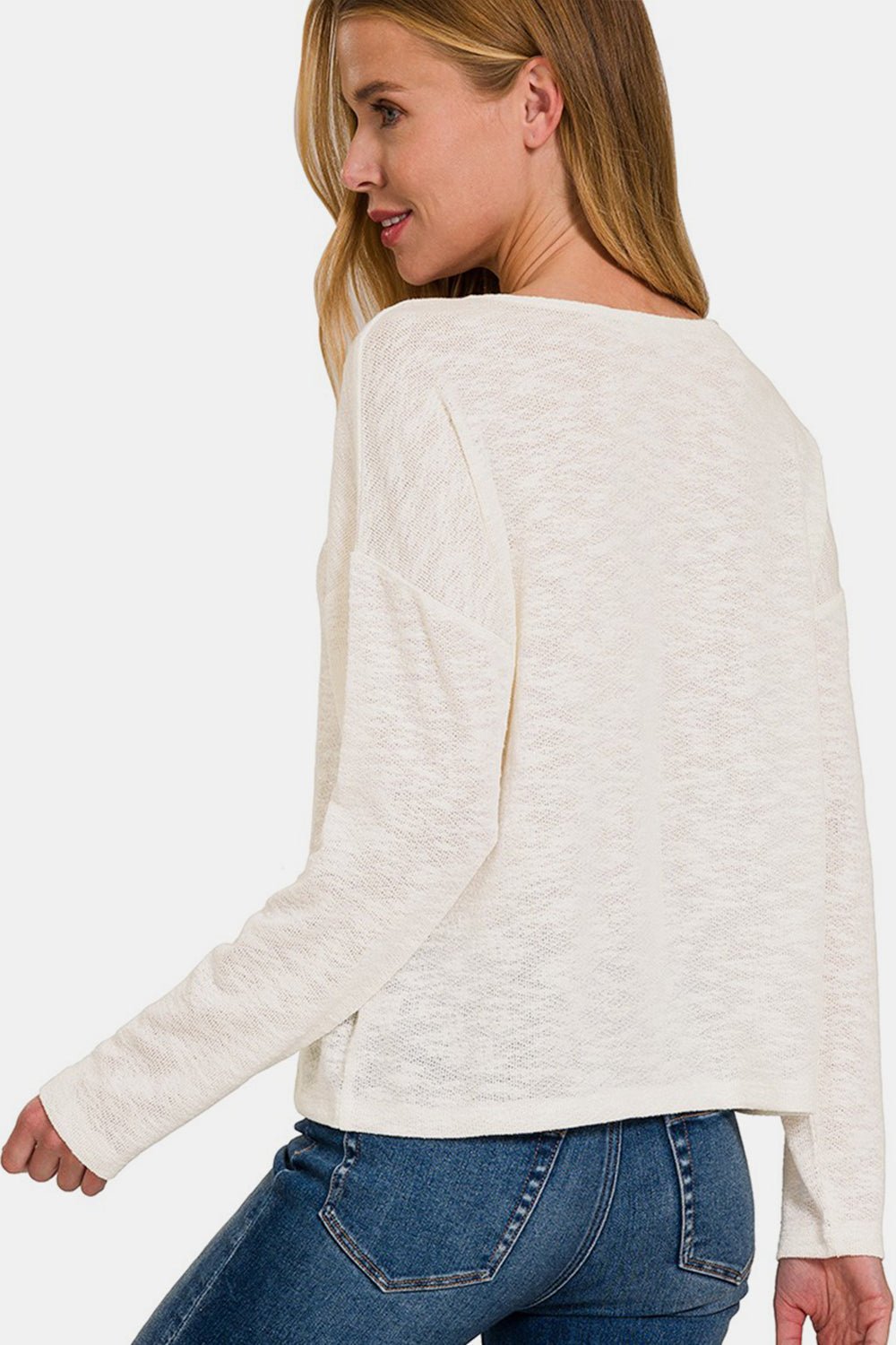 Zenana V - Neck Dropped Shoulder Long Sleeve T - Shirt - Top - Ivory - Bella Bourget