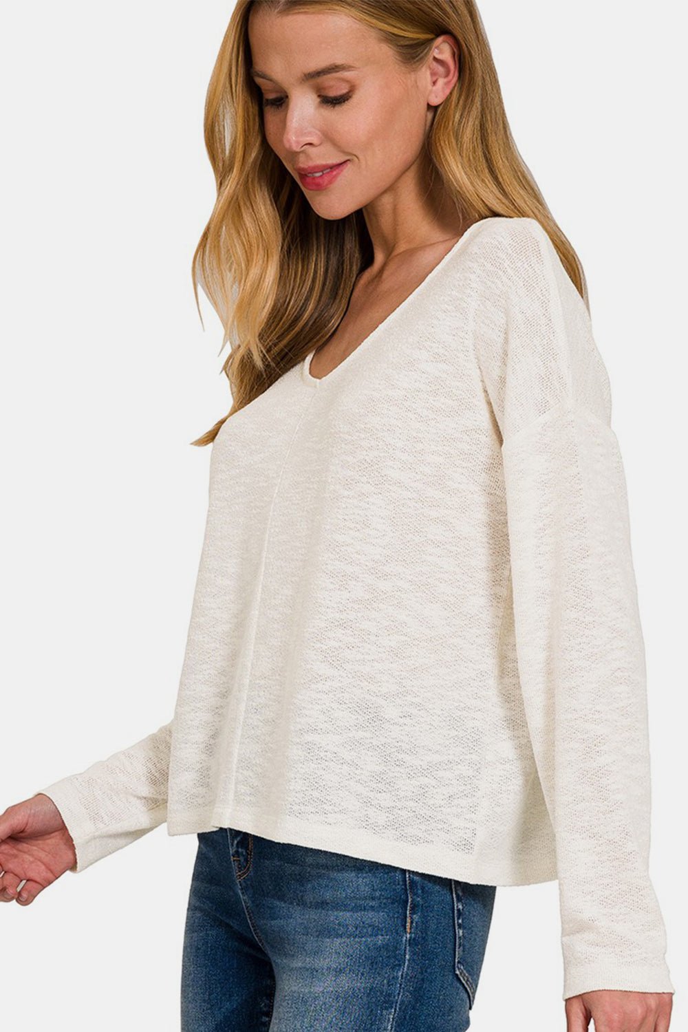 Zenana V - Neck Dropped Shoulder Long Sleeve T - Shirt - Top - Ivory - Bella Bourget