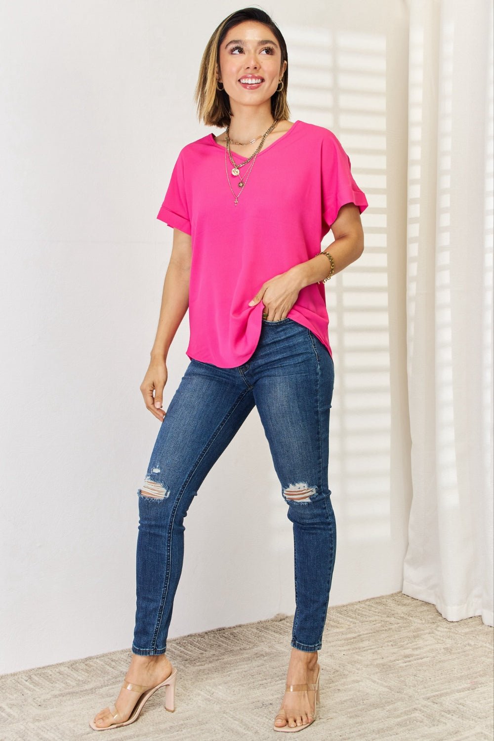 Zenana V - Neck Rolled Short Sleeve T - Shirt - blouse - Hot Pink - Bella Bourget