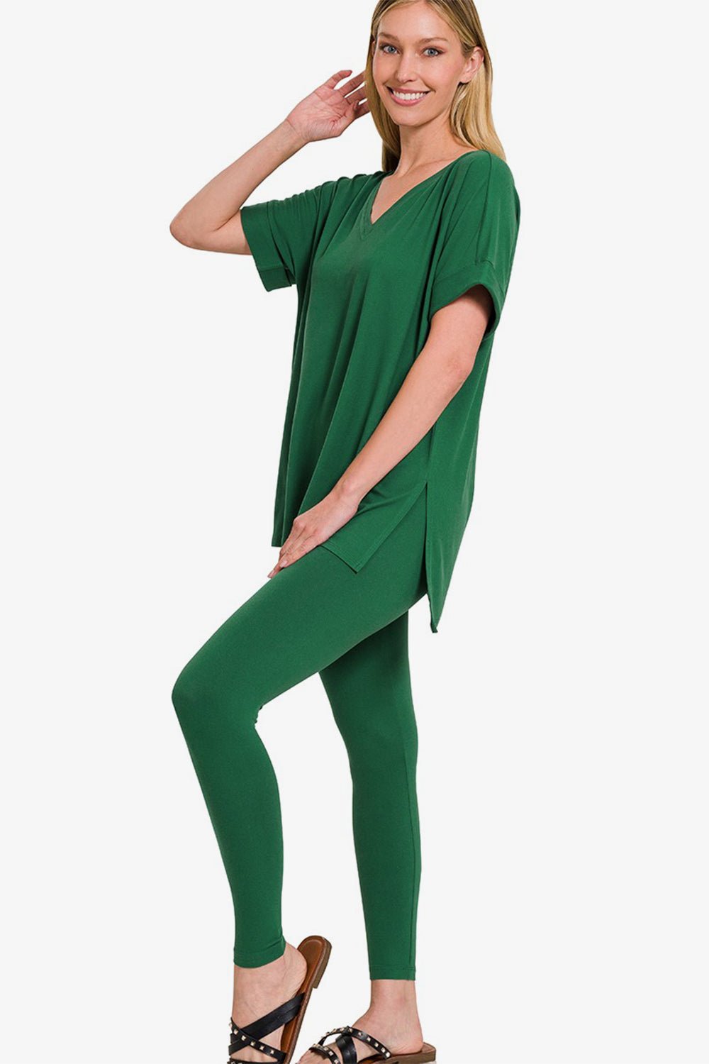 Zenana V - Neck Rolled Short Sleeve T - Shirt and Leggings Lounge Set - Loungewear - DK Green - Bella Bourget