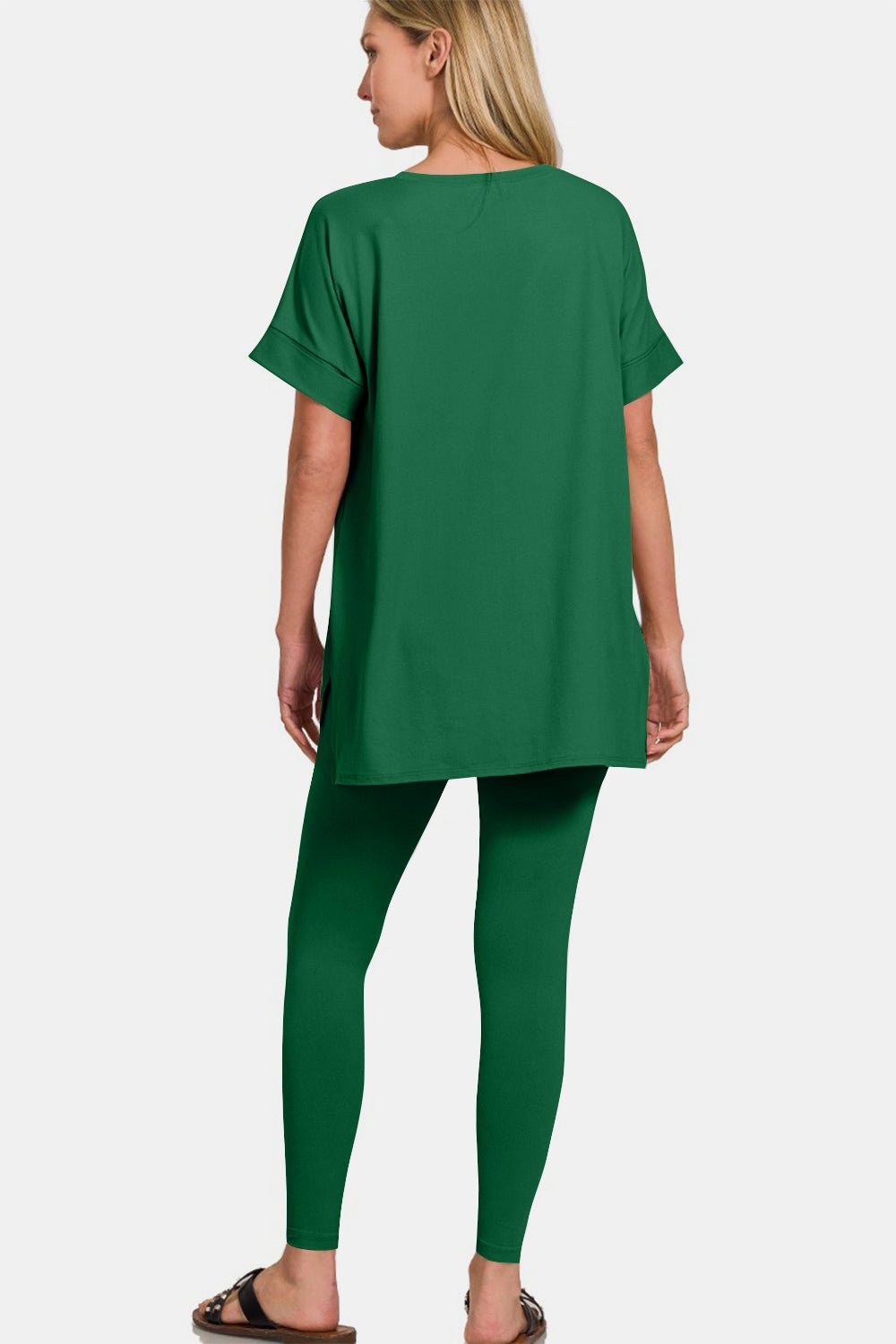 Zenana V - Neck Rolled Short Sleeve T - Shirt and Leggings Lounge Set - Loungewear - DK Green - Bella Bourget