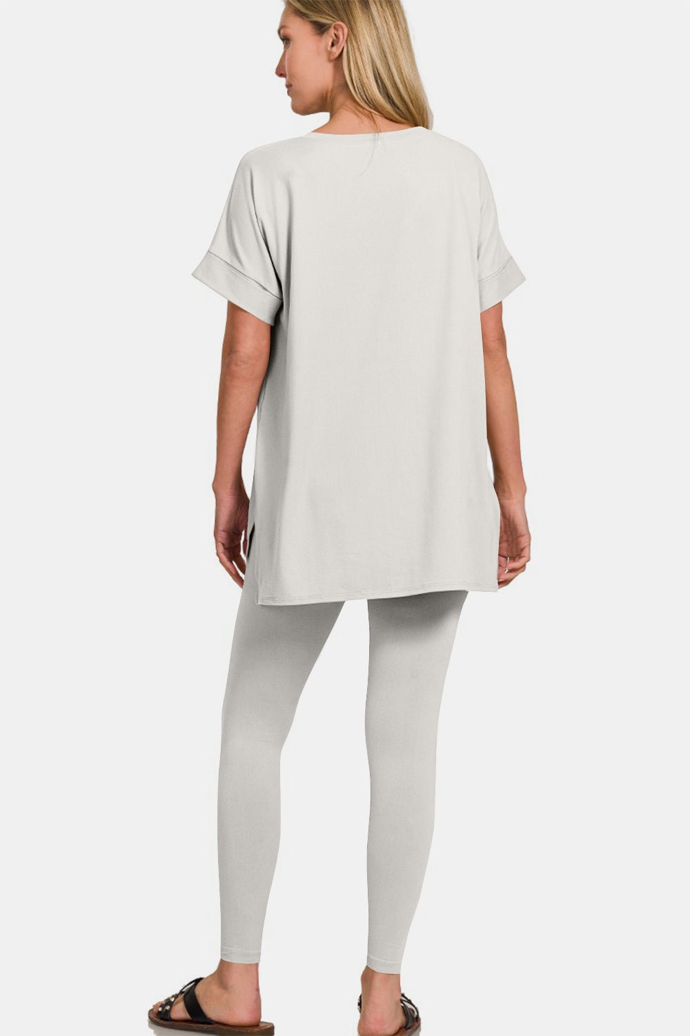 Zenana V - Neck Rolled Short Sleeve T - Shirt and Leggings Lounge Set - Loungewear - Lt Cement - Bella Bourget