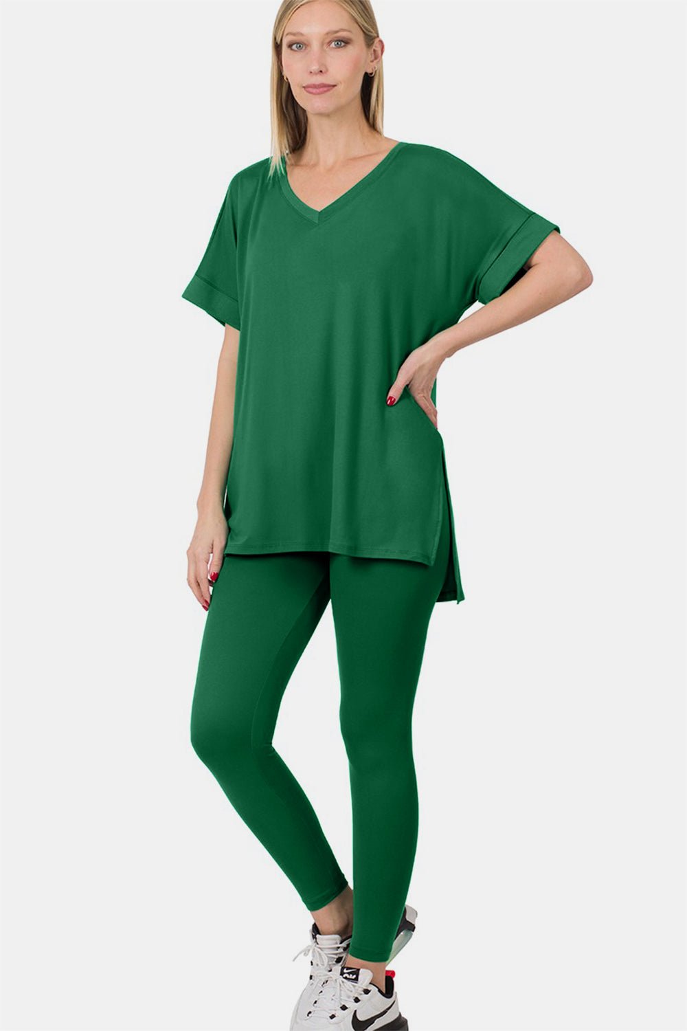 Zenana V - Neck Rolled Short Sleeve T - Shirt and Leggings Lounge Set - Loungewear - DK Green - Bella Bourget