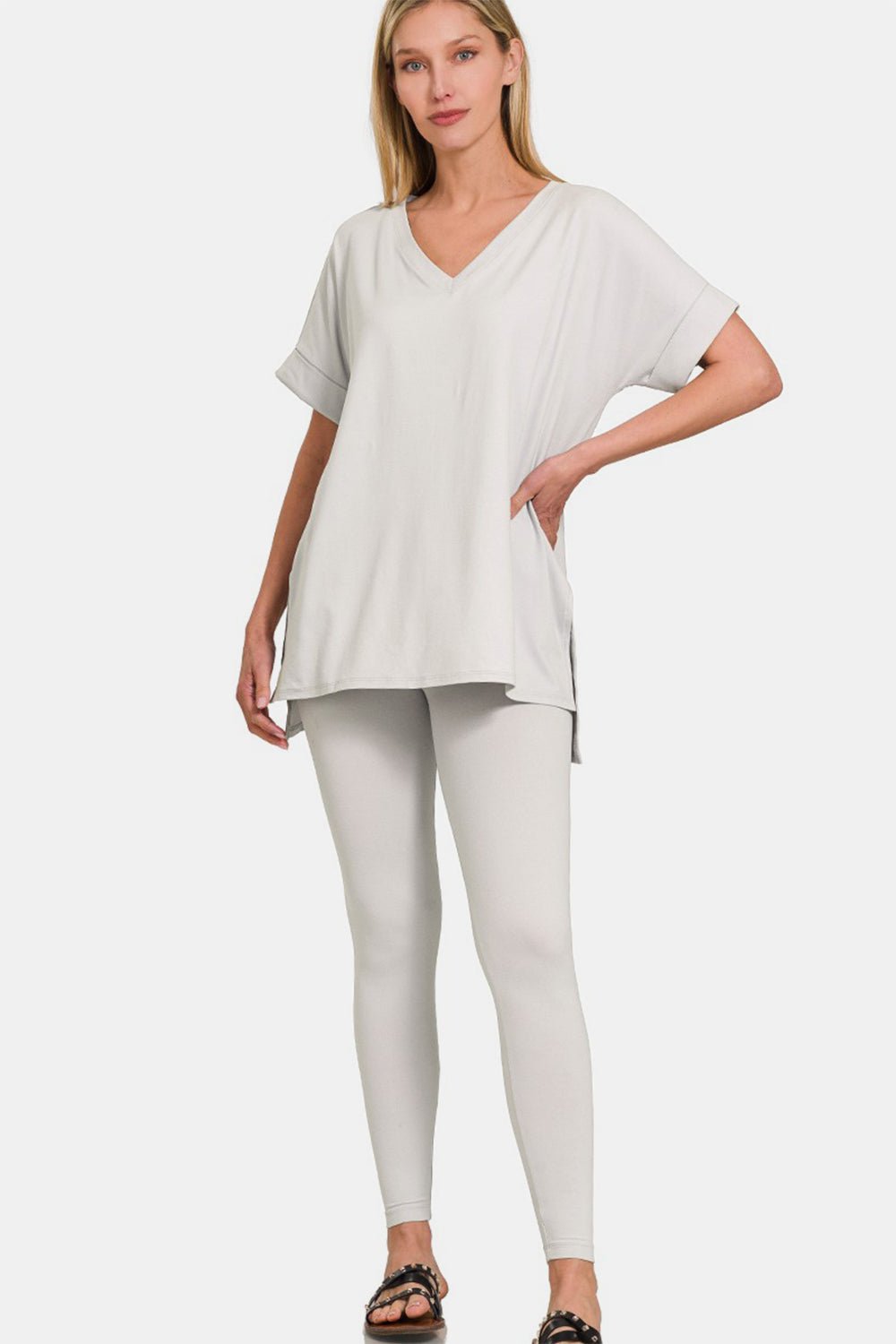 Zenana V - Neck Rolled Short Sleeve T - Shirt and Leggings Lounge Set - Loungewear - Lt Cement - Bella Bourget