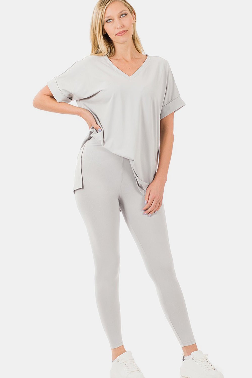 Zenana V - Neck Rolled Short Sleeve T - Shirt and Leggings Lounge Set - Loungewear - Lt Cement - Bella Bourget