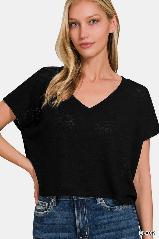 Zenana V - Neck Short Sleeve Crop T - Shirt - Top - Black - Bella Bourget