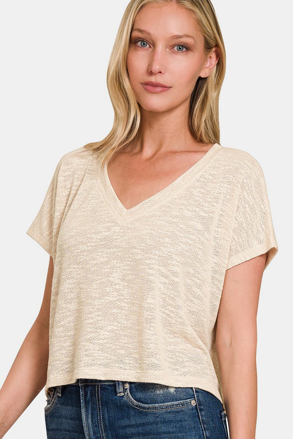 Zenana V - Neck Short Sleeve Crop T - Shirt - Top - Sand Beige - Bella Bourget