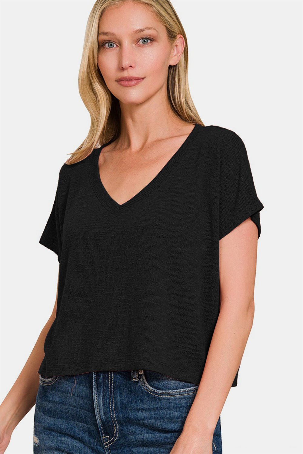 Zenana V - Neck Short Sleeve Crop T - Shirt - Top - Black - Bella Bourget