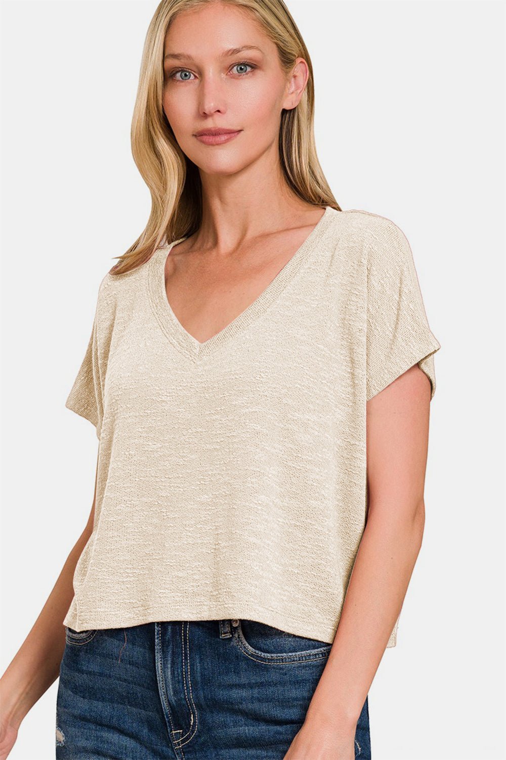 Zenana V - Neck Short Sleeve Crop T - Shirt - Top - Sand Beige - Bella Bourget