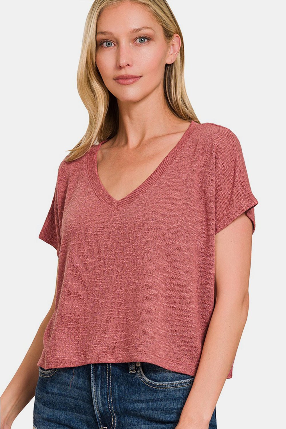 Zenana V - Neck Short Sleeve Crop T - Shirt - Top - Winter Rose - Bella Bourget