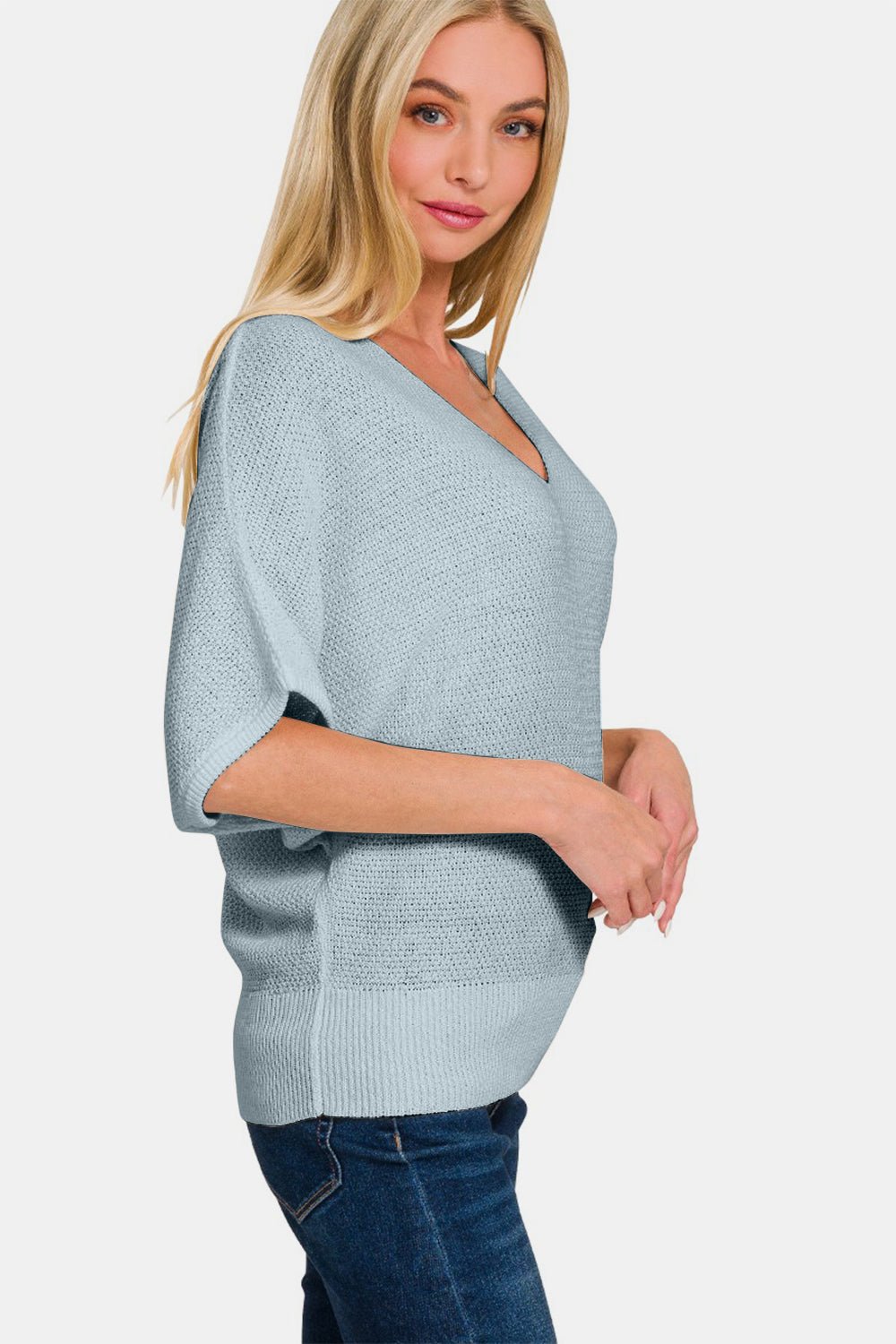 Zenana V - Neck Short Sleeve Dolman Sweater - Sweater - Blue Grey - Bella Bourget