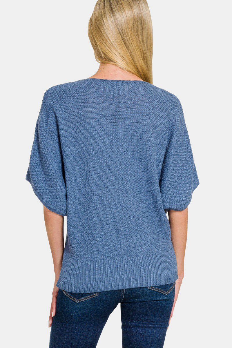 Zenana V - Neck Short Sleeve Dolman Sweater - Sweater - Dusty Blue - Bella Bourget