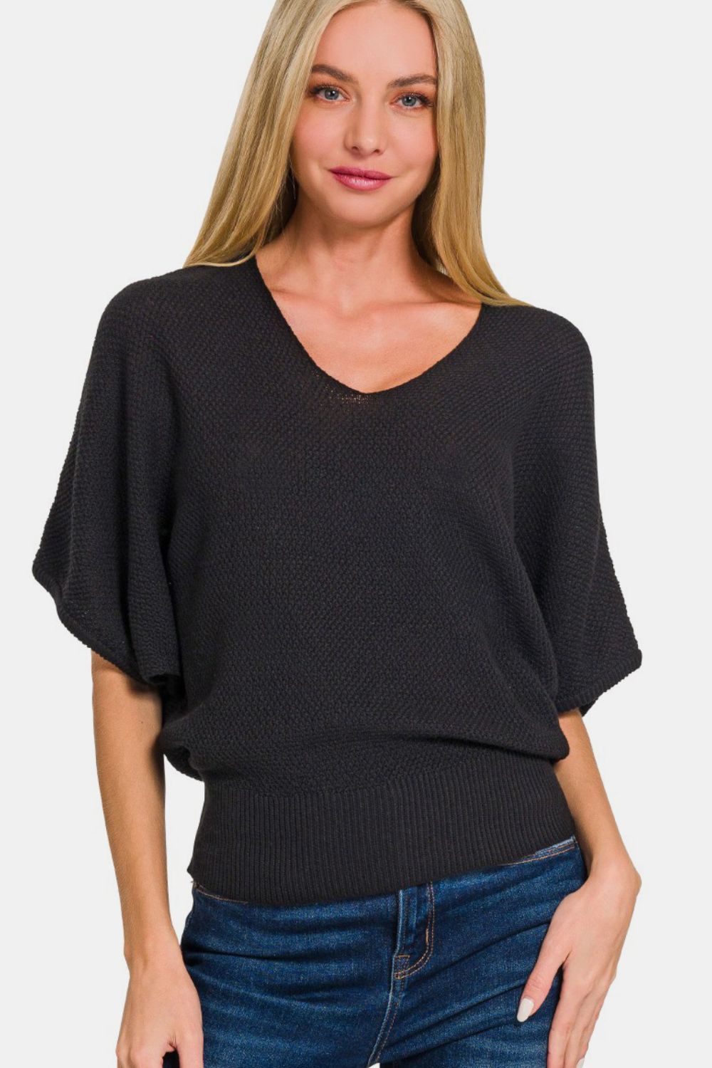 Zenana V - Neck Short Sleeve Dolman Sweater - Sweater - Black - Bella Bourget