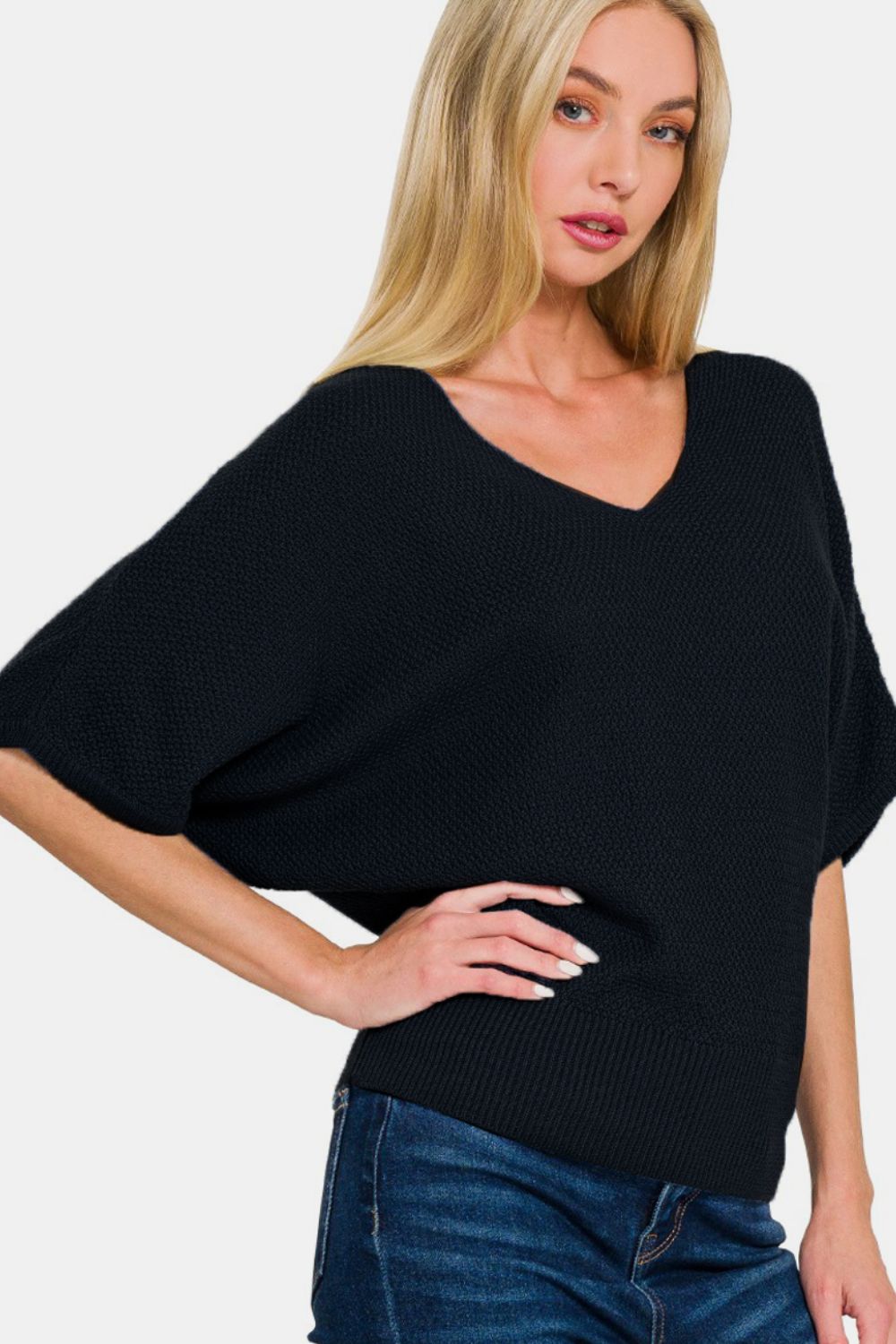 Zenana V - Neck Short Sleeve Dolman Sweater - Sweater - Black - Bella Bourget