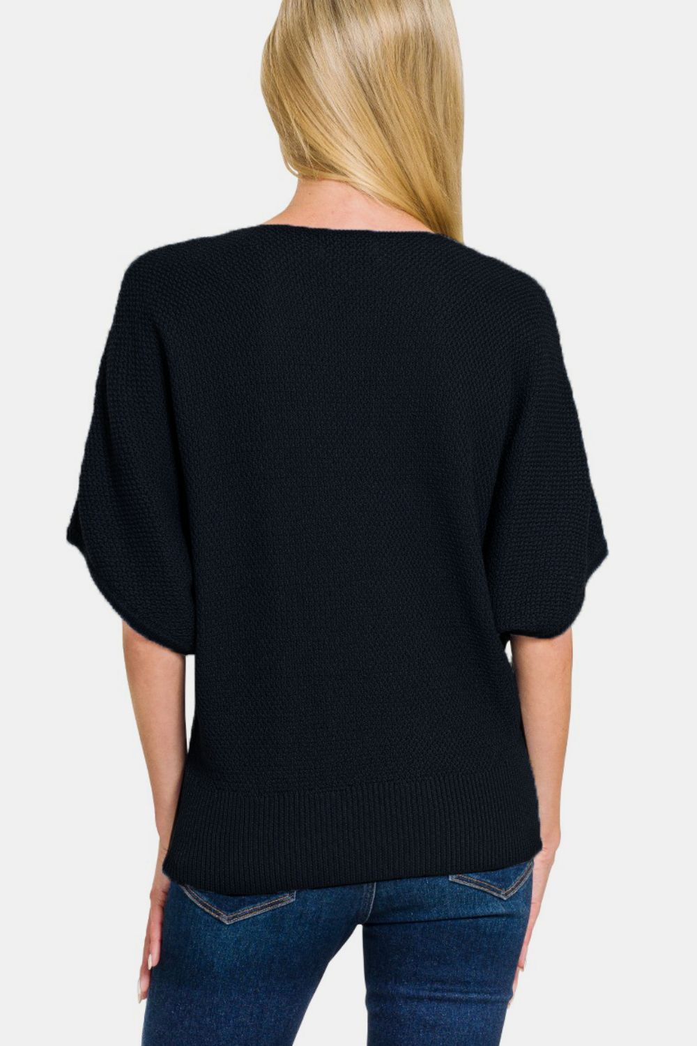 Zenana V - Neck Short Sleeve Dolman Sweater - Sweater - Black - Bella Bourget