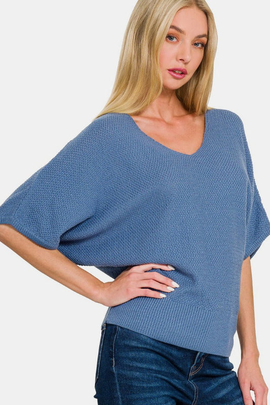 Zenana V - Neck Short Sleeve Dolman Sweater - Sweater - Dusty Blue - Bella Bourget