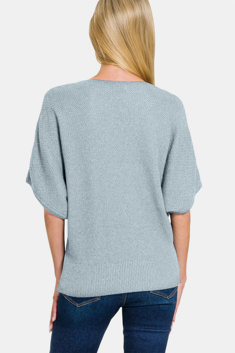 Zenana V - Neck Short Sleeve Dolman Sweater - Sweater - Blue Grey - Bella Bourget