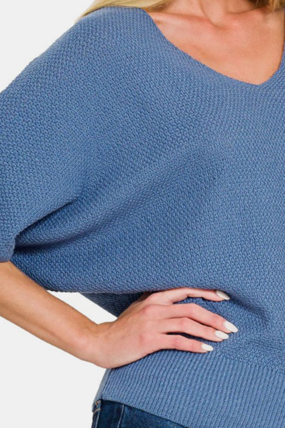 Zenana V - Neck Short Sleeve Dolman Sweater - Sweater - Dusty Blue - Bella Bourget