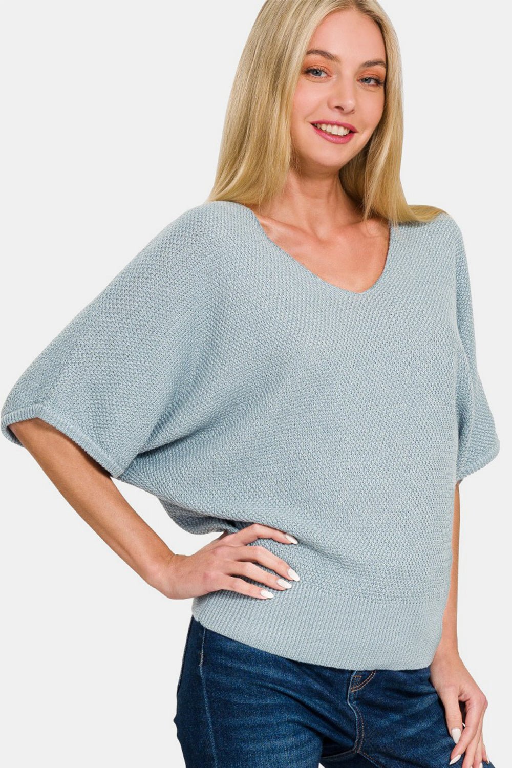 Zenana V - Neck Short Sleeve Dolman Sweater - Sweater - Blue Grey - Bella Bourget