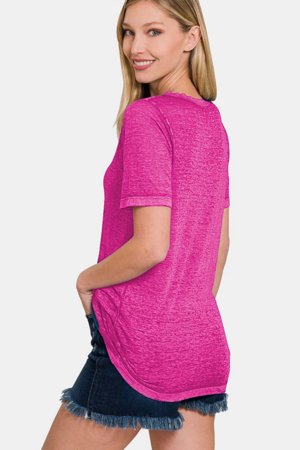 Zenana V - Neck Short Sleeve T - Shirt - Top - HOT PINK - Bella Bourget