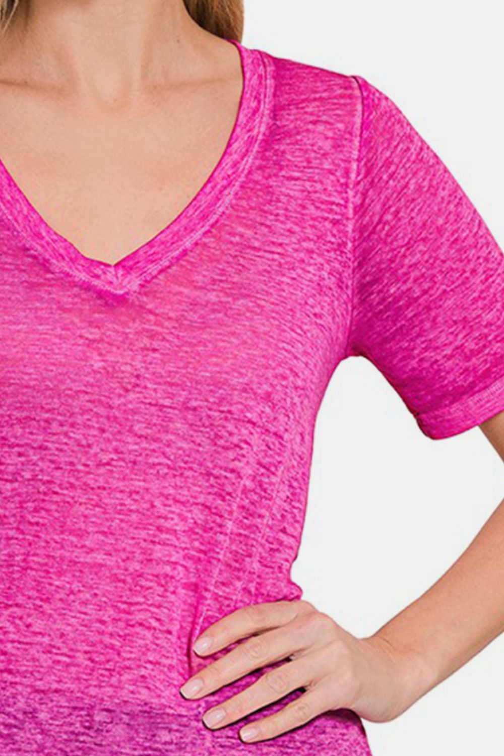 Zenana V - Neck Short Sleeve T - Shirt - Top - HOT PINK - Bella Bourget