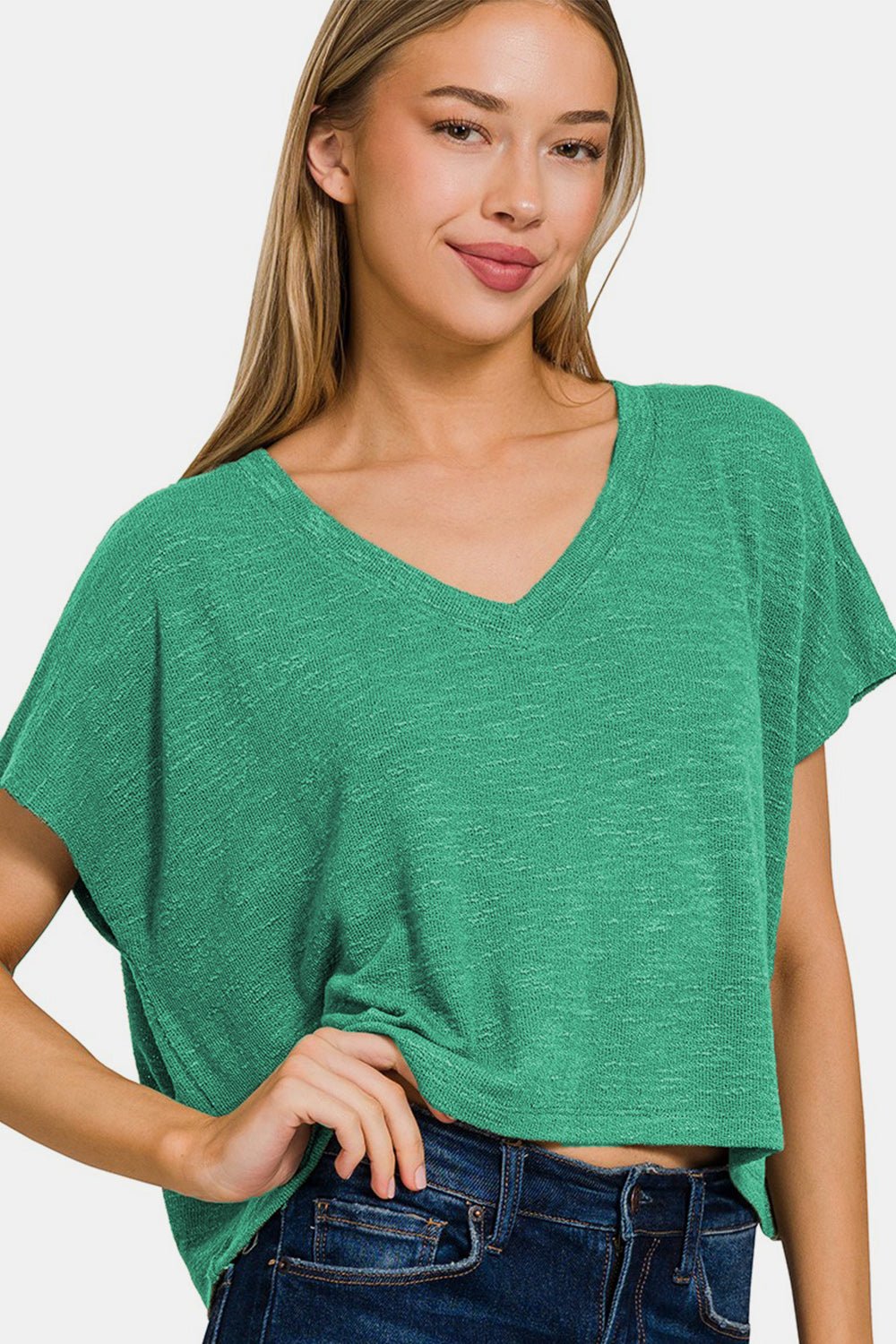 Zenana V - Neck Short Sleeve T - Shirt - Top - Green - Bella Bourget