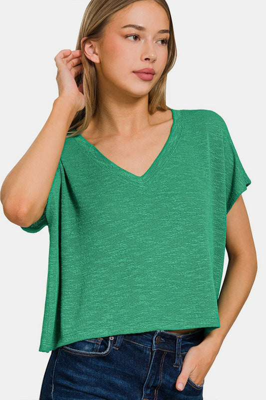 Zenana V - Neck Short Sleeve T - Shirt - Top - Green - Bella Bourget
