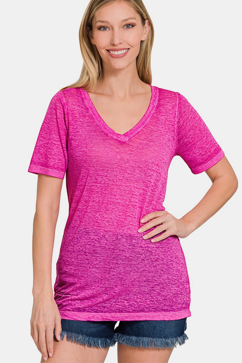 Zenana V - Neck Short Sleeve T - Shirt - Top - HOT PINK - Bella Bourget