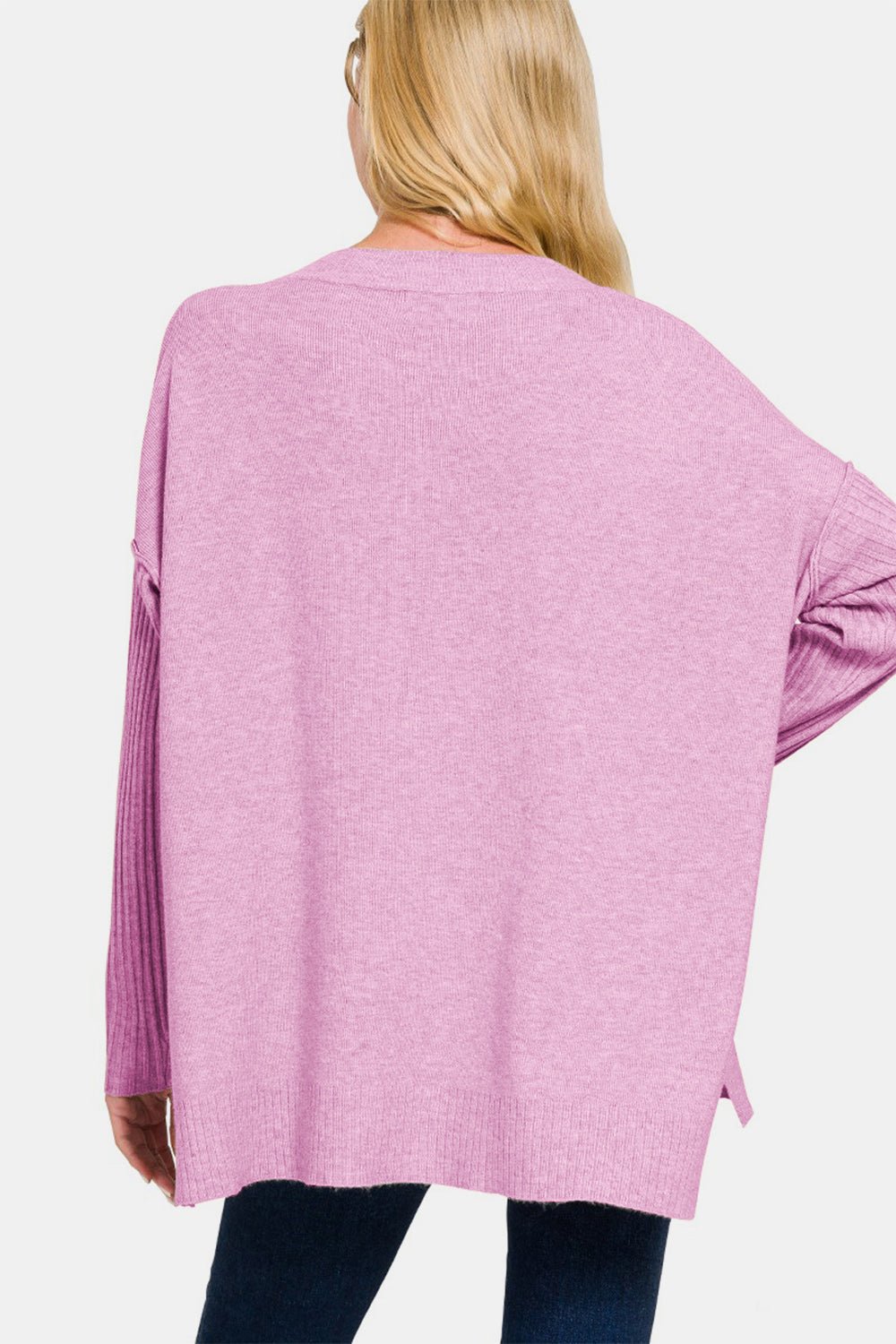 Zenana V - Neck Side Slit High - Low Sweater - Sweater - H Mauve - Bella Bourget