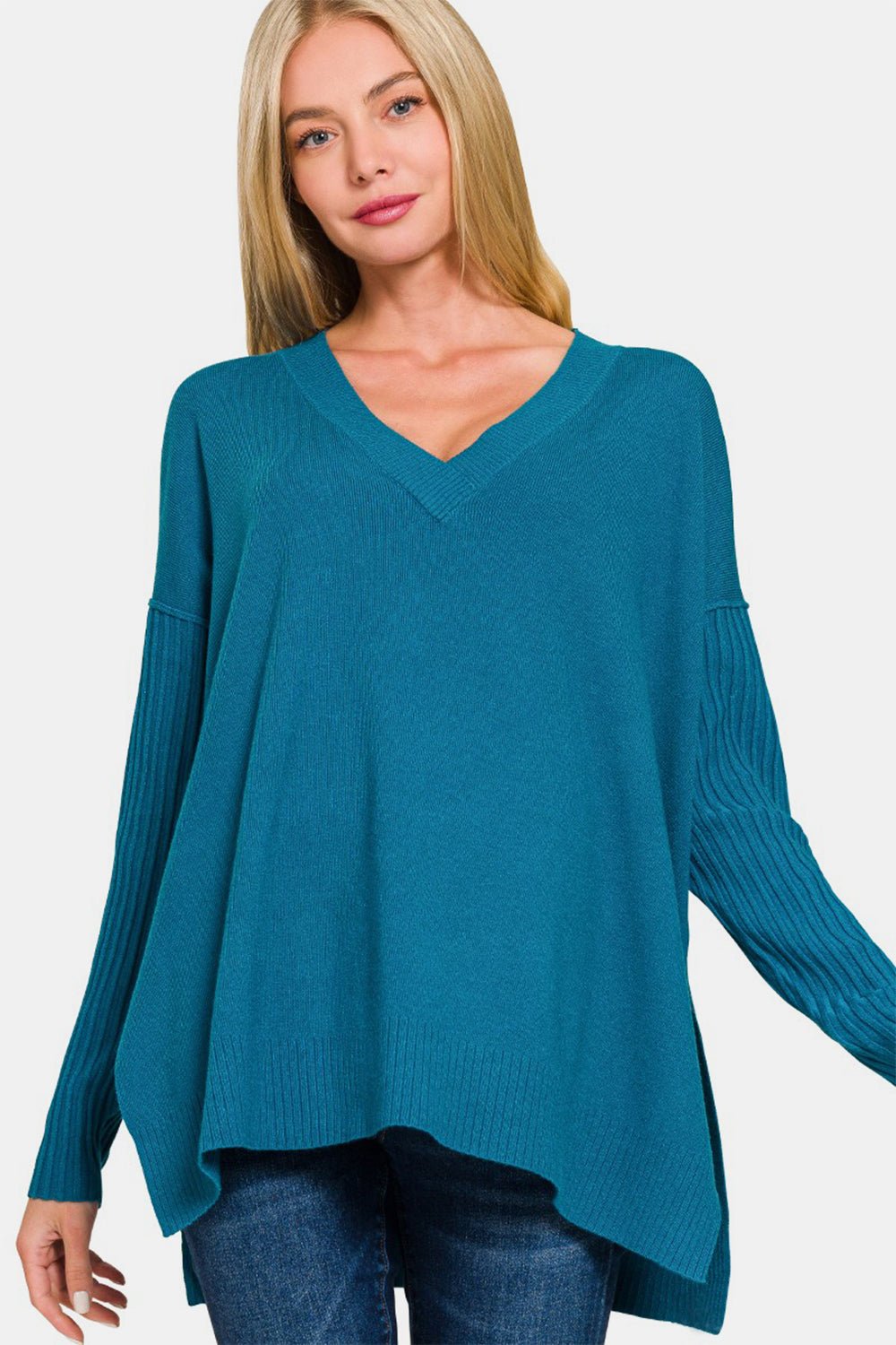 Zenana V - Neck Side Slit High - Low Sweater - Sweater - H Ocean Teal - Bella Bourget