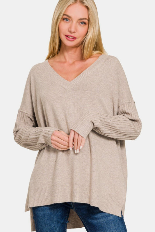 Zenana V - Neck Side Slit High - Low Sweater - Sweater - H Mocha - Bella Bourget