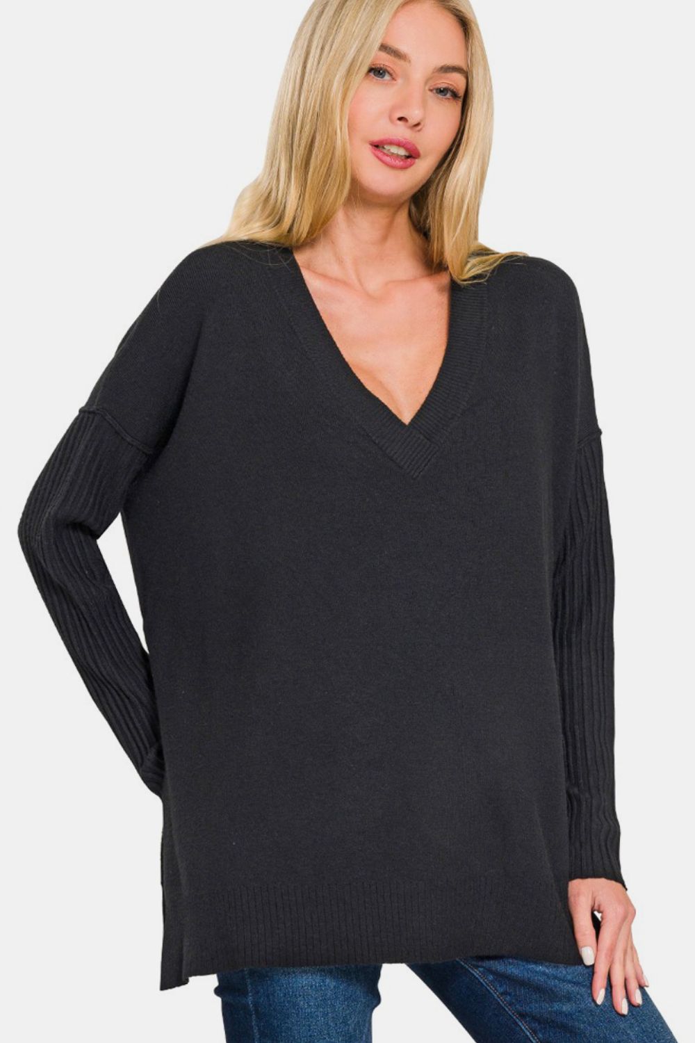 Zenana V - Neck Side Slit High - Low Sweater - Sweater - Black - Bella Bourget