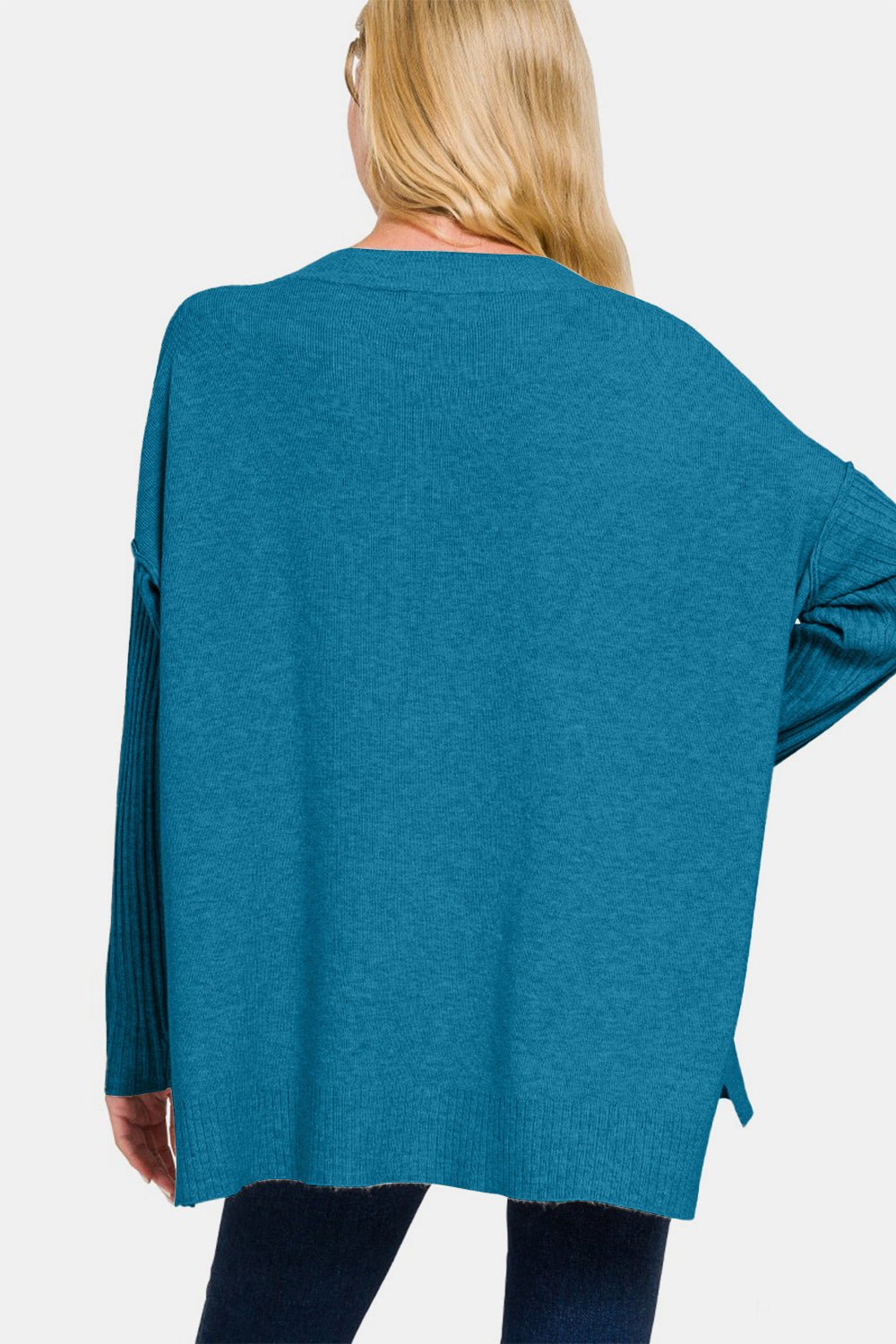 Zenana V - Neck Side Slit High - Low Sweater - Sweater - H Ocean Teal - Bella Bourget