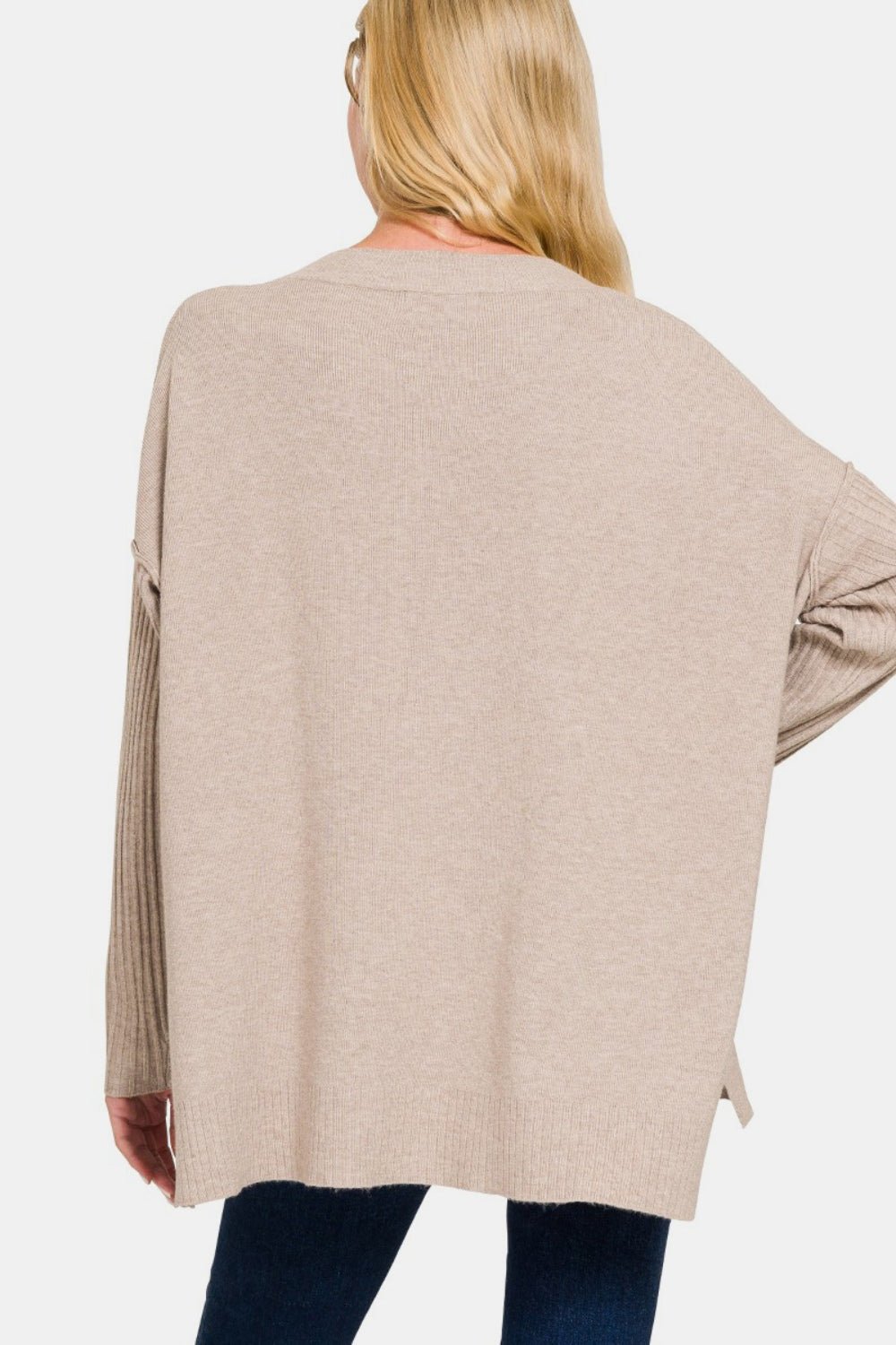 Zenana V - Neck Side Slit High - Low Sweater - Sweater - H Mocha - Bella Bourget