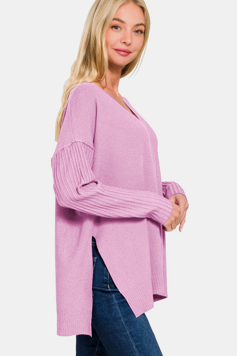 Zenana V - Neck Side Slit High - Low Sweater - Sweater - H Mauve - Bella Bourget