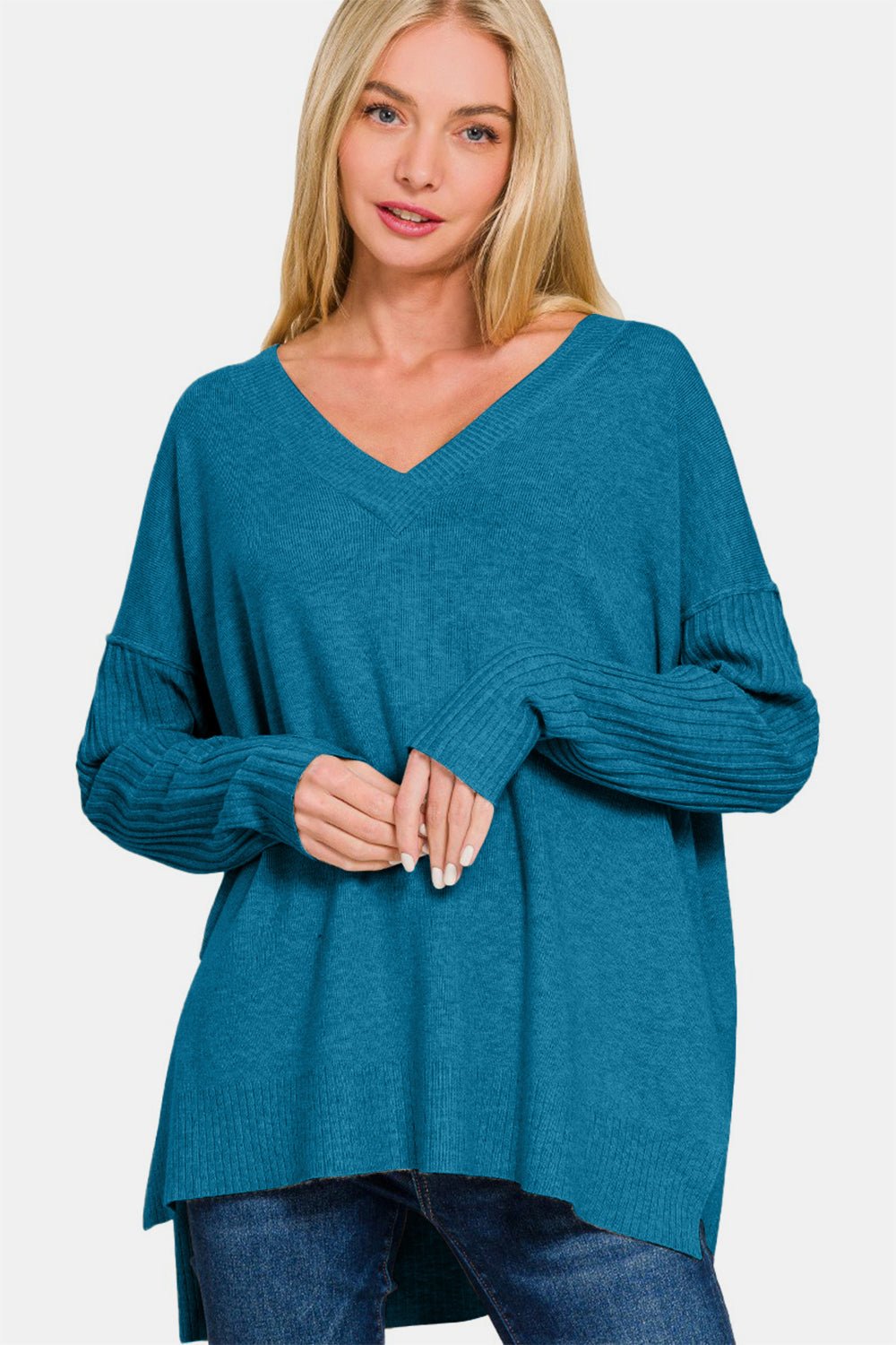 Zenana V - Neck Side Slit High - Low Sweater - Sweater - H Ocean Teal - Bella Bourget