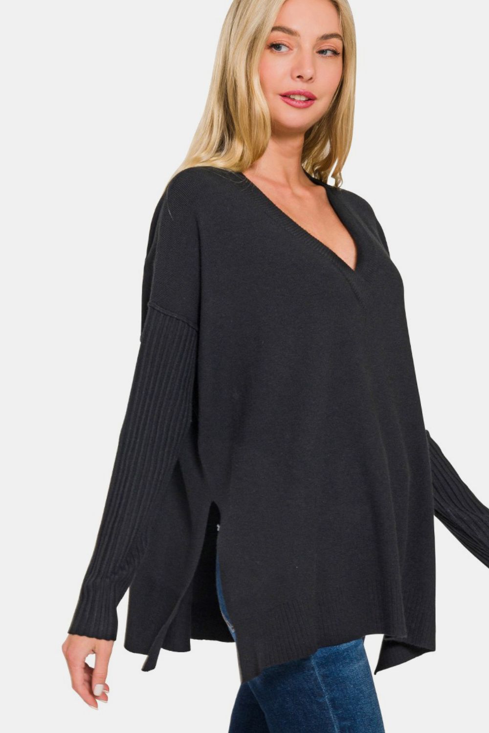 Zenana V - Neck Side Slit High - Low Sweater - Sweater - Black - Bella Bourget