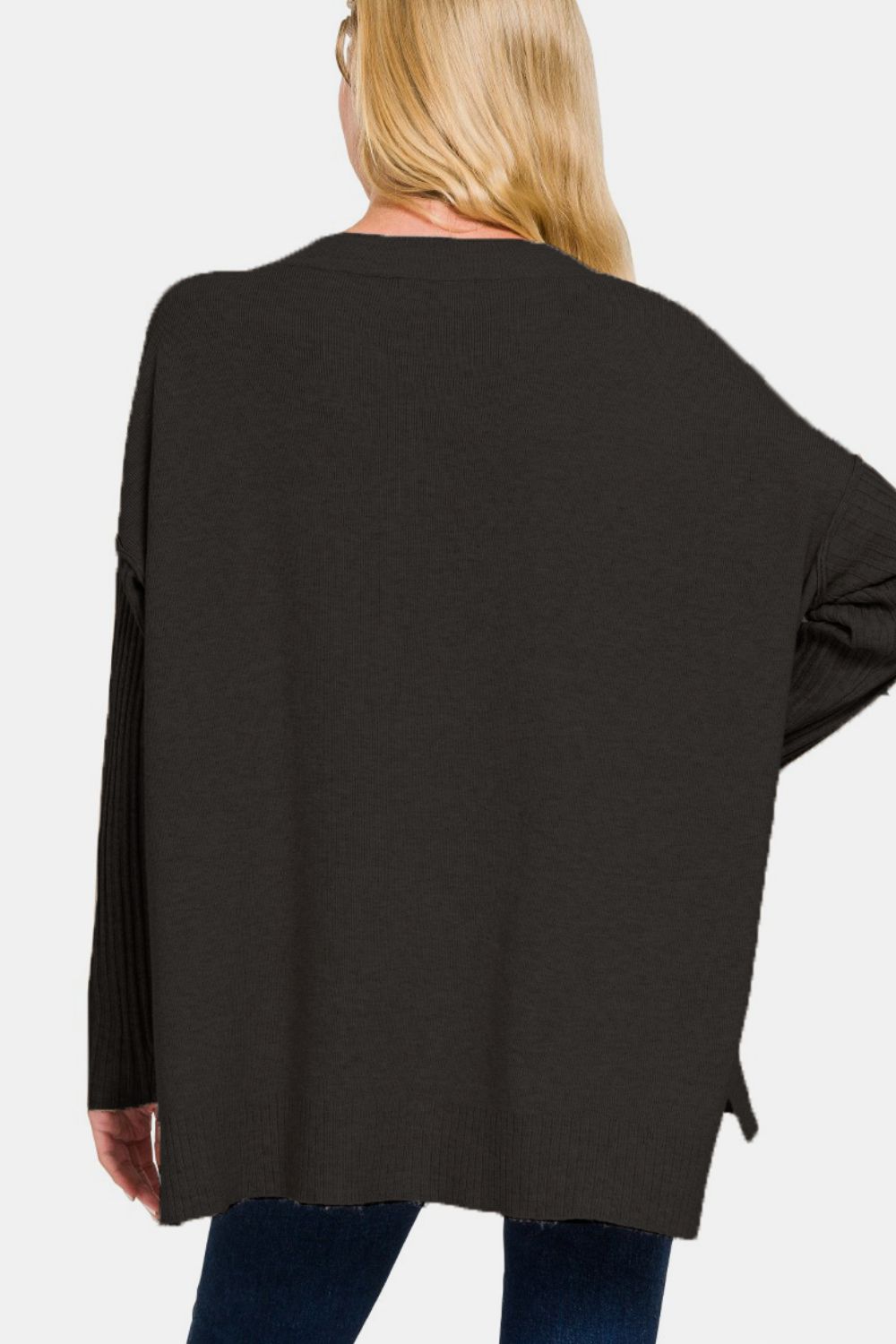 Zenana V - Neck Side Slit High - Low Sweater - Sweater - Black - Bella Bourget