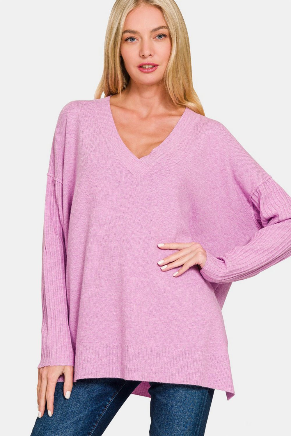 Zenana V - Neck Side Slit High - Low Sweater - Sweater - H Mauve - Bella Bourget