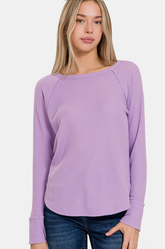 Zenana Waffle Long Sleeve T - Shirt - Top - LAVENDER - Bella Bourget