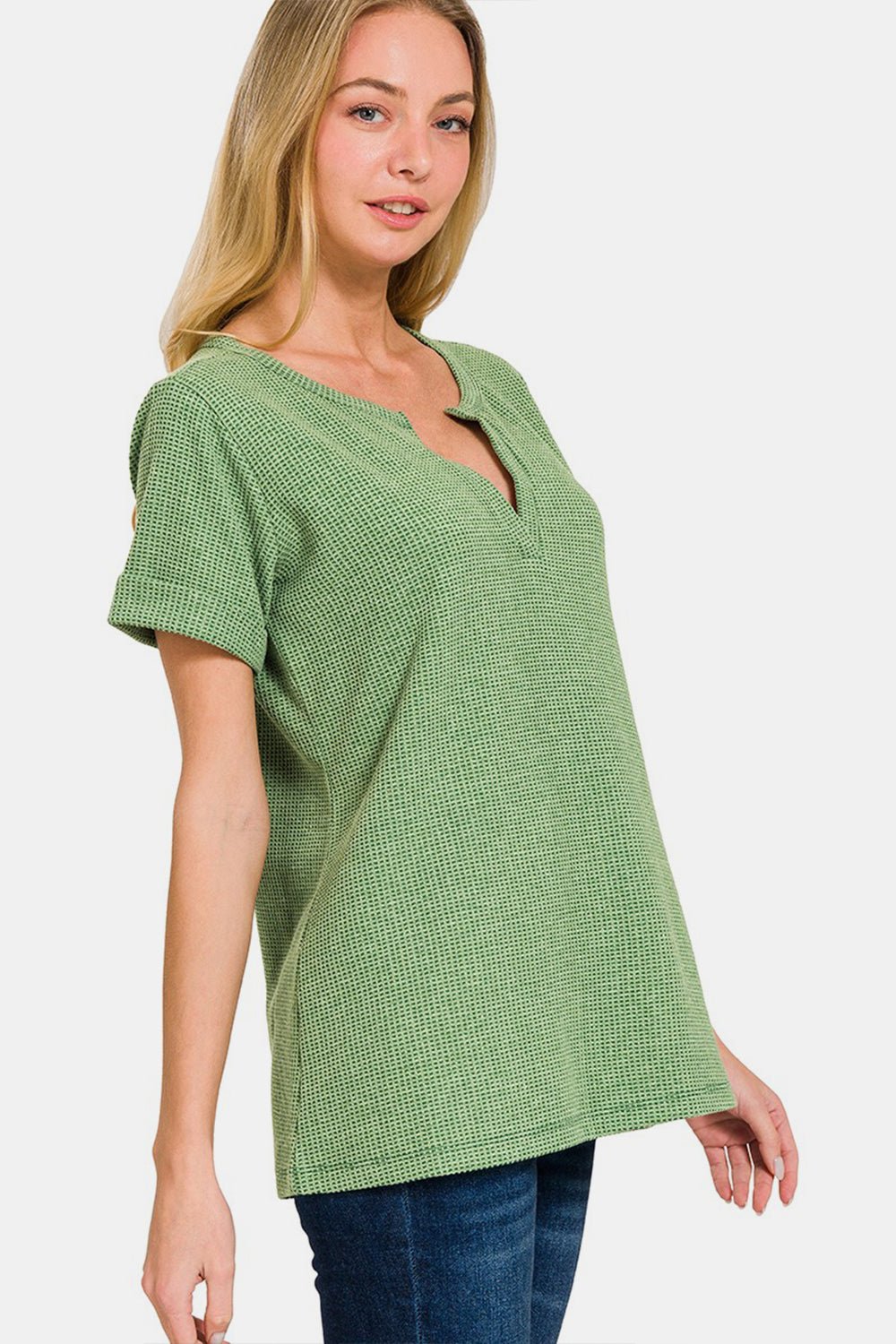 Zenana Waffle Notched Short Sleeve T - Shirt - Top - DK GREEN - Bella Bourget