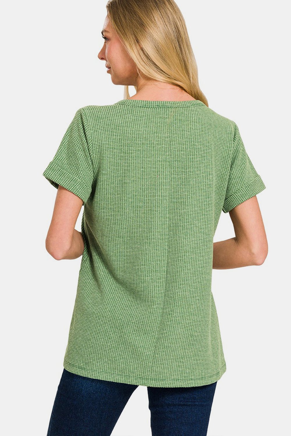 Zenana Waffle Notched Short Sleeve T - Shirt - Top - DK GREEN - Bella Bourget