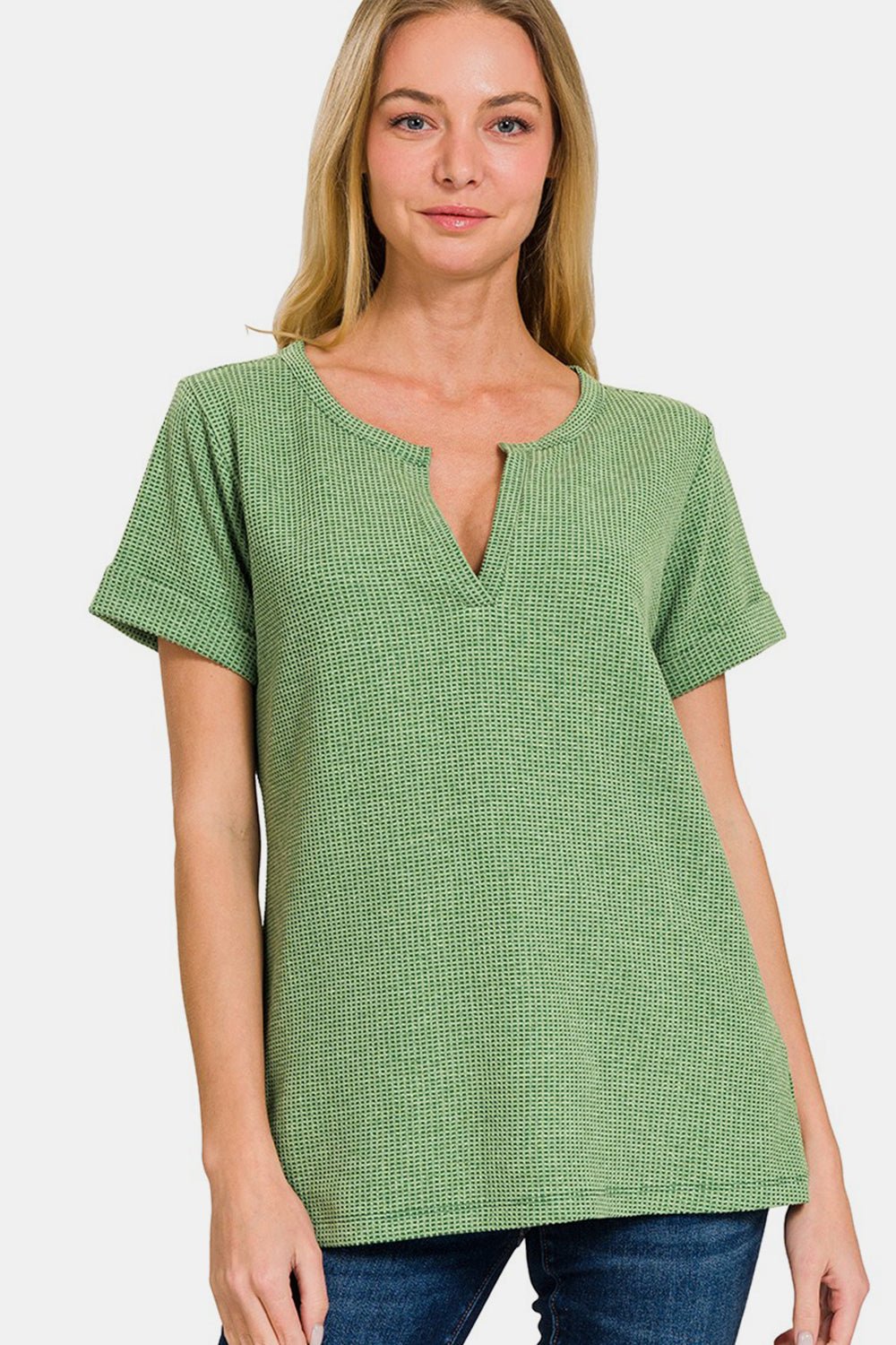 Zenana Waffle Notched Short Sleeve T - Shirt - Top - DK GREEN - Bella Bourget