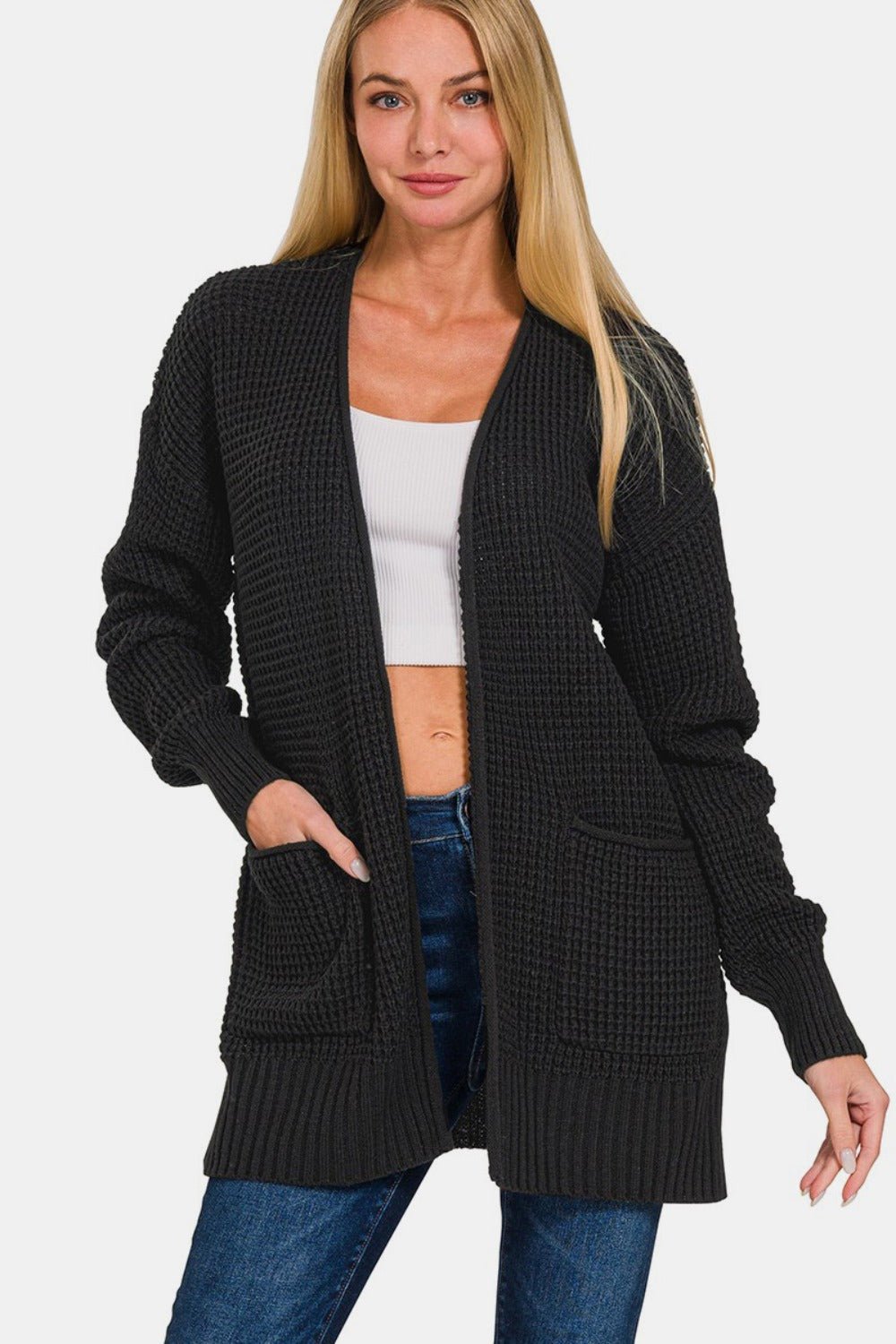 Zenana Waffle Open Front Sweater Cardigan - Cardigan - Black - Bella Bourget