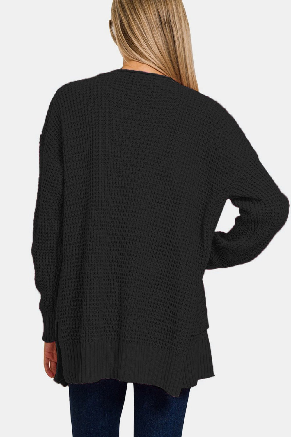 Zenana Waffle Open Front Sweater Cardigan - Cardigan - Black - Bella Bourget