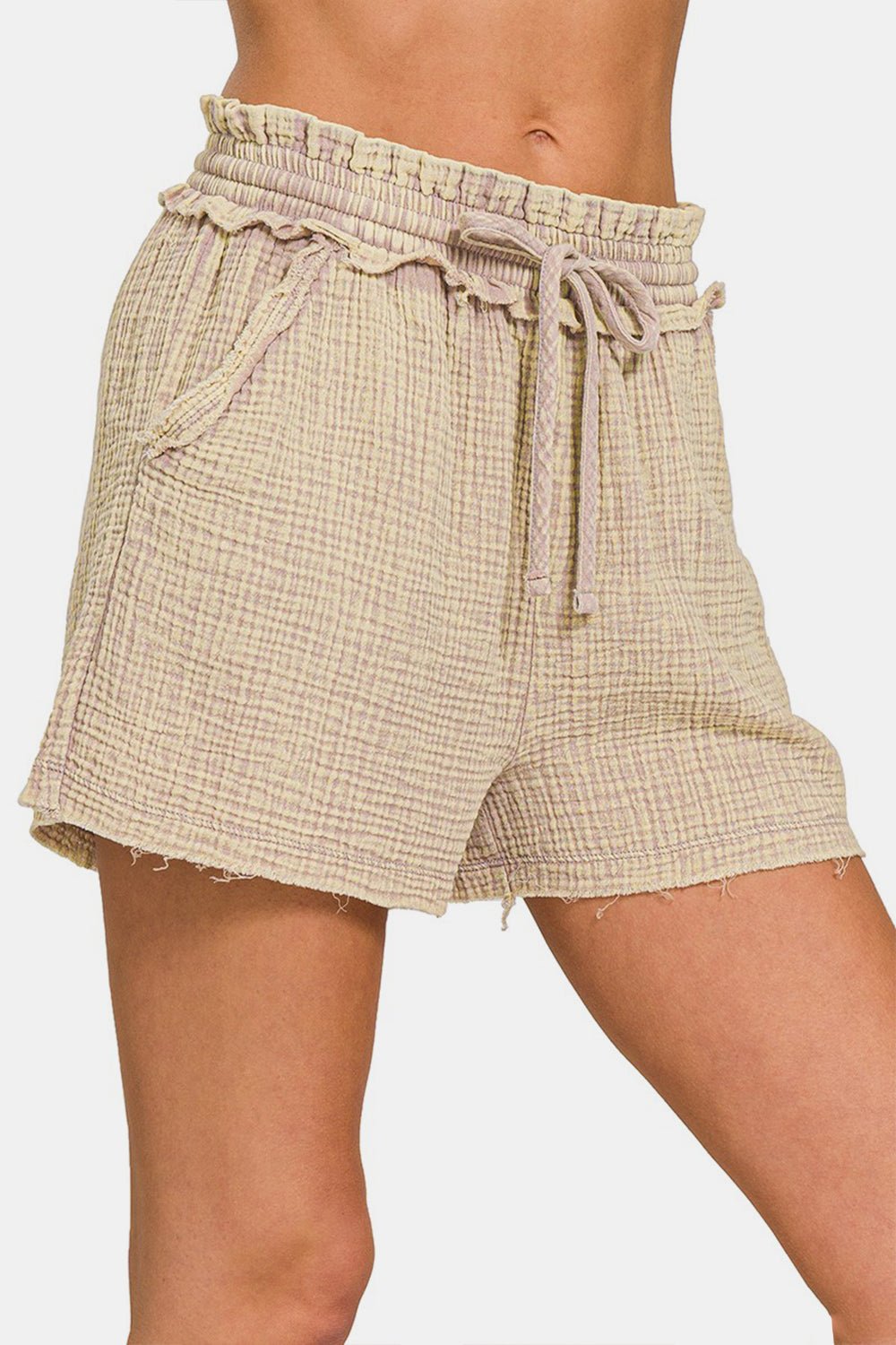 Zenana Washed Frayed Hem Drawstring Shorts - Shorts - Ash Mocha - Bella Bourget